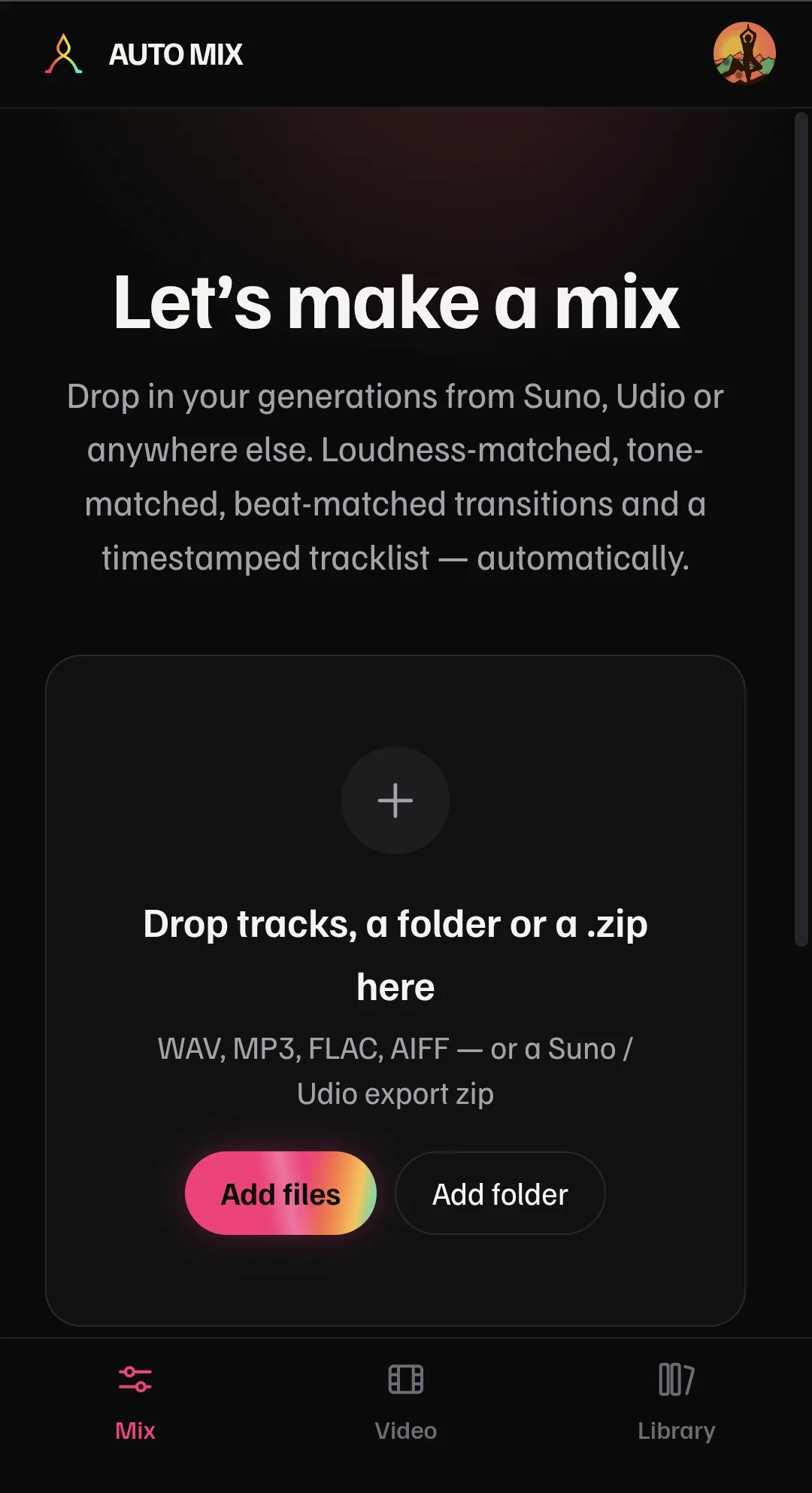 The Auto Mix app: “Let’s make a mix” above a drop zone reading “Drop tracks, a folder or a .zip here”, with Add files and Add folder buttons.
