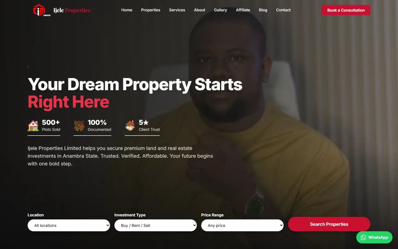Ijele Properties home page on a desktop: the headline “Your Dream Property Starts Right Here” above a property search bar.