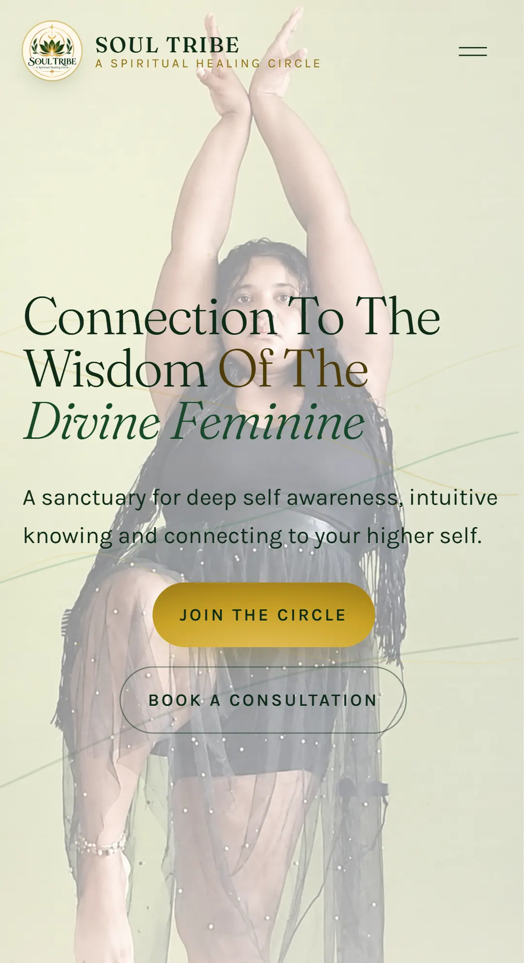 Soul Tribe on a phone: the same headline over a full-height portrait, with Join the Circle and Book a Consultation buttons.